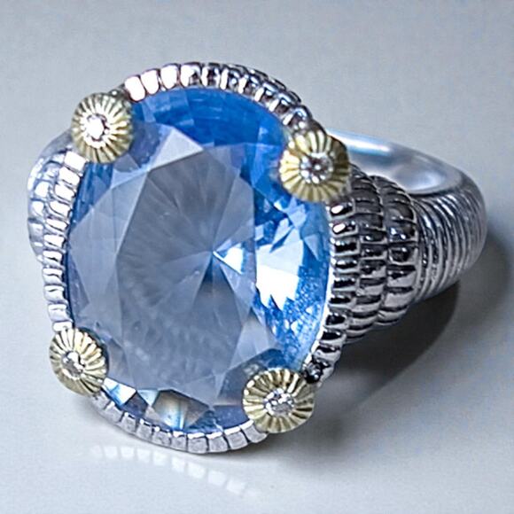 Judith Ripka 925 Silver Blue Quartz Diamond Ring 18k Gold Accent Cocktail - Picture 1 of 8